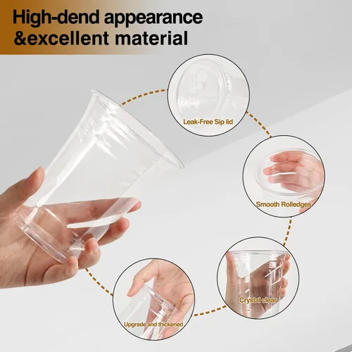 Vista 4 de Paquete de 100 vasos de plástico transparente de 20 onzas con tapas y pajitas, tazas de café helado resistentes y seguras para alimentos con tapas