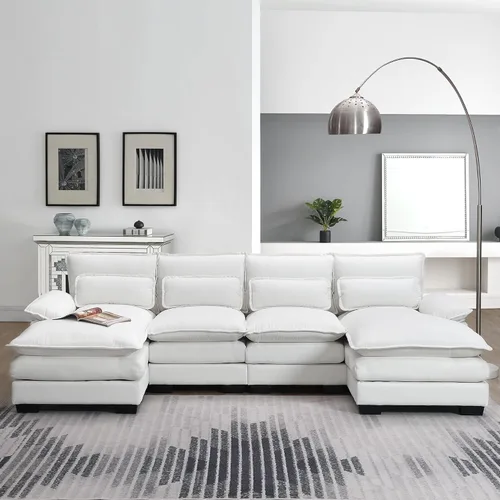 Vista 15 de Moderno sofá cama extraíble de lino con reposacabezas ajustable y carga inalámbrica, sofá esquinero en forma de L de 96 pulgadas, sofá modular