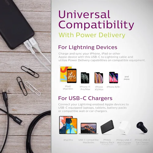 Vista 7 de Philips Cable USB C a Lightning, cable de carga de iPhone de 4 pies para las series 14/13/12, cargador de Airpod Pro, cables de carga Lightning