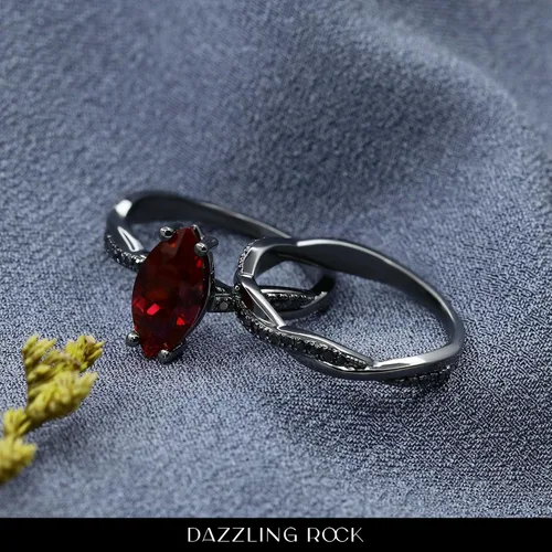 Vista 2 de Dazzlingrock Collection Juego de anillos nupciales de diamantes negros redondos y piedras preciosas marquesas creadas en laboratorio de 0.472 x