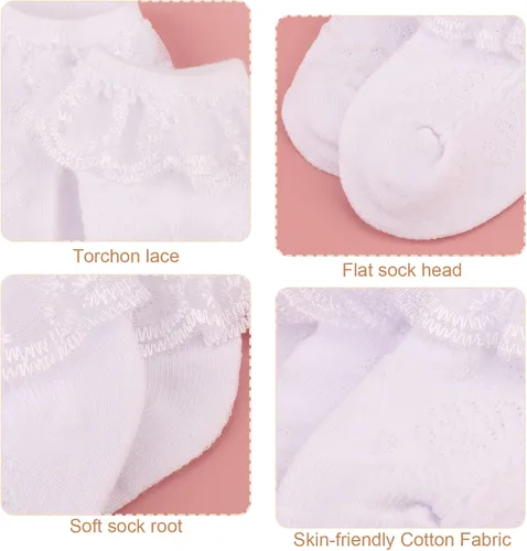 Vista 4 de DRESHOW BQUBO - Calcetines de encaje con volantes y ojales para bebés, calcetines finos para recién nacidosbebésniños pequeños
