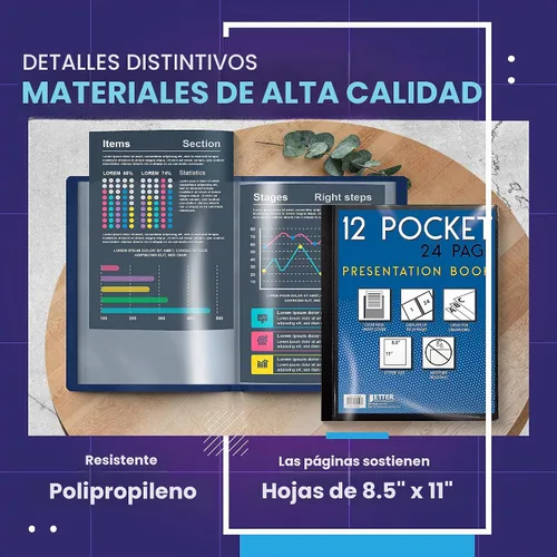 Vista 4 de Better Office Products Libro de presentación encuadernado con 12 bolsillos, colores surtidos, cubierta frontal transparente, 24 páginas protectoras