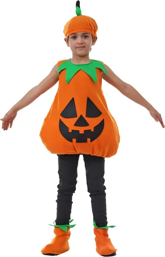 Vista 4 de ReneeCho Disfraz de calabaza para niños, disfraz de Halloween para niños, divertido fiesta de cosplay, negro y amarillo con sombrero y zapatos