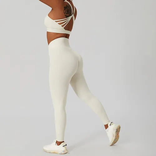 Vista 5 de ABOCIW Conjuntos de entrenamiento para mujer, 2 piezas, cintura cruzada, leggings de cintura alta, tirantes deportivos, para ejercicio, gimnasio