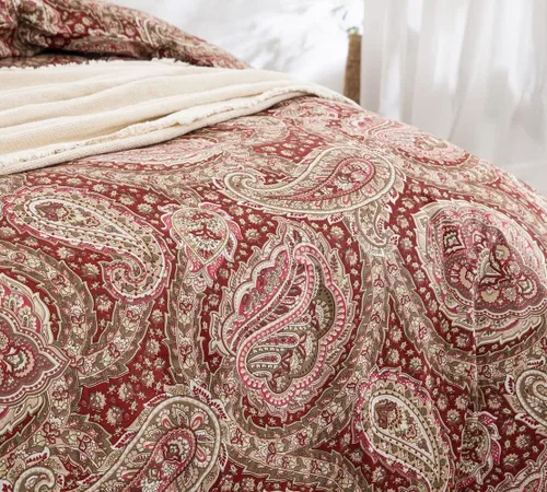 Vista 3 de DAUAOTO Juego de funda de edredón tamaño completo 82"X86" + 2 fundas de almohada, ropa de cama de algodón floral paisley rojo dorado, cierre