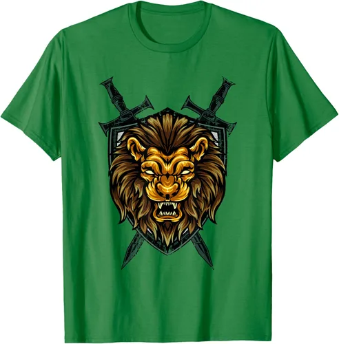 Vista 53 de Camiseta con diseño de caballero medieval renacentista, con diseño de espada de león, Negro, S