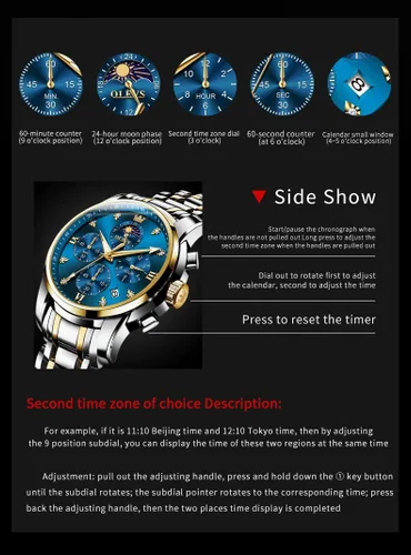 Vista 5 de OLEVS Watch for Men Diamond Business Dress Analog Quartz Stainless Steel Waterproof Luminous Date Two Tone Luxury Casual Wrist Watch Blue