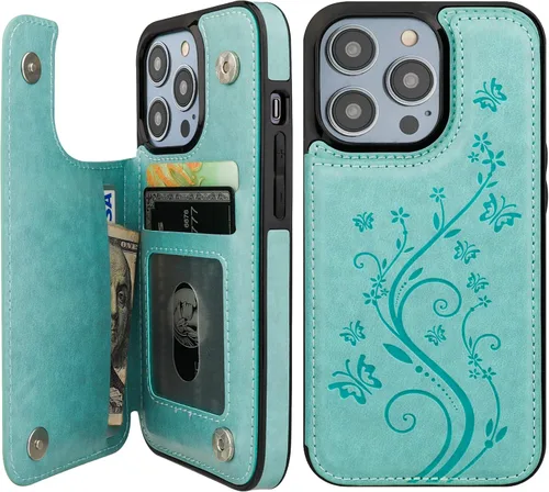 Vista 13 de Vaburs Funda compatible con iPhone 14 Pro con tarjetero y diseño de mariposa en relieve, de piel sintética, doble botón, funda protectora a prueba