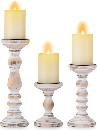 Vista 9 de Portavelas para Velas de Pilar: Romadedi Juego de 3 Portavelas Decorativos de Madera, Soporte de Vela de Madera Rústica para Repisa de Chimenea Mesa
