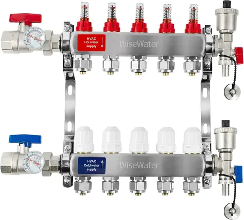 Vista 13 de AB Colector PEX de 2 bucles/radiante, salidas compatibles de 1/2 pulgada, válvula de flujo de hasta 1.4 GPM para calefacción radiante hidrónica