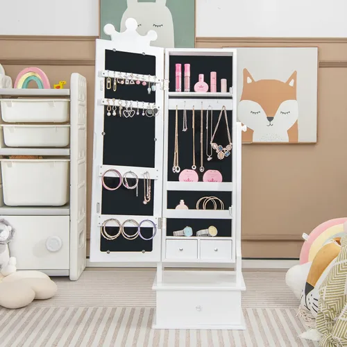 Vista 9 de GOFLAME Armario de joyería para niños, armario de joyería para niños con espejo de longitud completa y cajones de almacenamiento, organizador