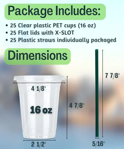 Vista 2 de Vasos de plástico transparente de 16 onzas con tapas y popotes, vasos desechables para bebidas frías, café helado, batidos, batidos, 25