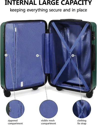 Vista 7 de SunnyTour Juego de equipaje, maleta ligera de mano con ruedas (20"24"28"), Verde