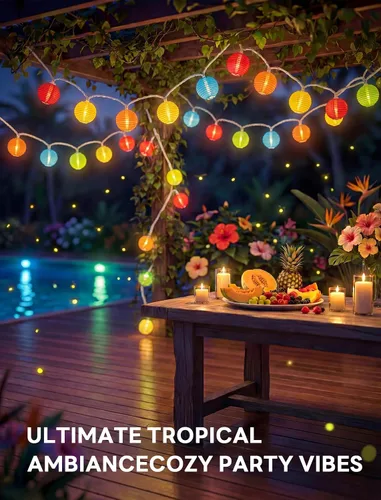 Vista 5 de Guirnalda de luces multicolor para exteriores, tira de luces de patio de 8.5 pies con 10 mini linternas colgantes, luces decorativas impermeables