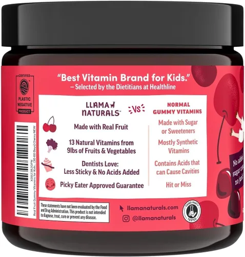 Vista 2 de Llama Naturals - Vitaminas en gomitas de fruta real para niños, sin caña de azúcar añadida, betacarotenos, multivitamínico de alimentos integrales