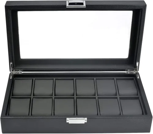 Vista 6 de Mantello Caja de reloj 12 ranuras para hombres Caja de reloj con tapa de cristal grande Organizador de caja de reloj para hombre (negro)