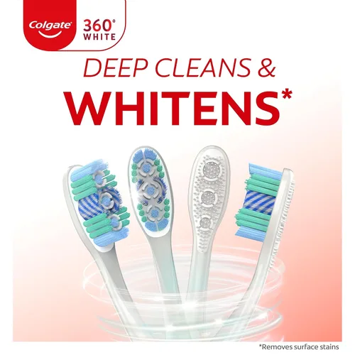 Vista 4 de Colgate Cepillo de dientes blanco óptico 360, cepillo de dientes suave para adultos con tazas blanqueadoras y pasta de dientes blanqueadora máxima