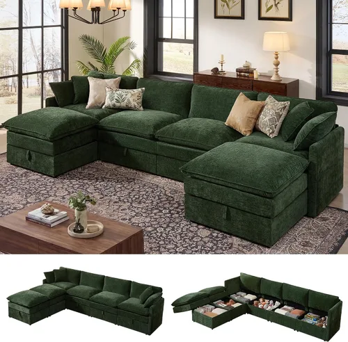 Vista 28 de Ihanherry Sofá modular de 103 pulgadas con almacenamiento, sofá de nube en forma de U con otomanas móviles y 4 almohadas, sofás seccionales