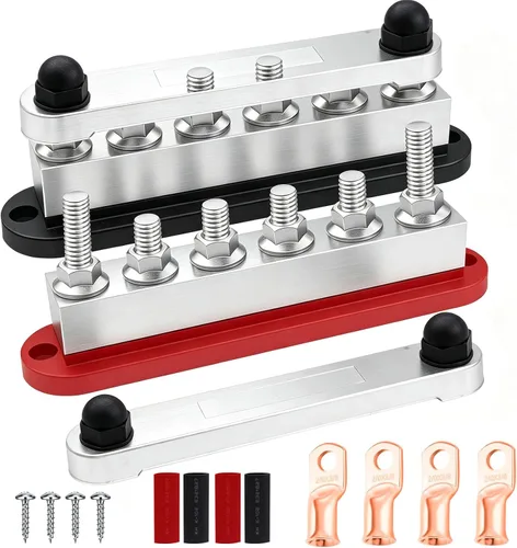 Vista 11 de (rojo + negro) Bloque de terminales de distribución de energía con cubierta con pernos de terminal M6, tornillos de terminal M4, barra de bus