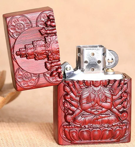 Vista 3 de Carcasa exterior de palisandro Huanghuali natural tallado para módulo Zippo (1000 brazos Avalokiteshvara de la diosa 3#)