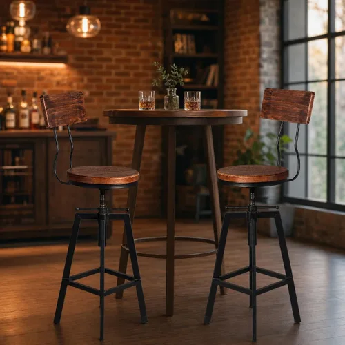 Vista 5 de Taburetes de bar industriales con respaldo de madera de 25 a 32 pulgadas de altura ajustable para isla de cocina, silla de comedor, taburete extra