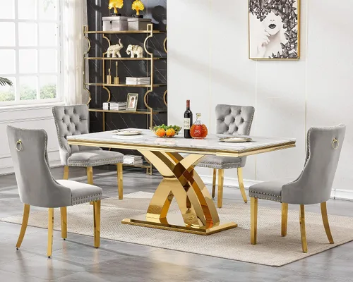 Vista 51 de Juego de mesa de comedor de 5 piezas para 4, mesa de cocina de mármol negro de 68 pulgadas con 4 sillas beige, mesa de comedor rectangular moderna