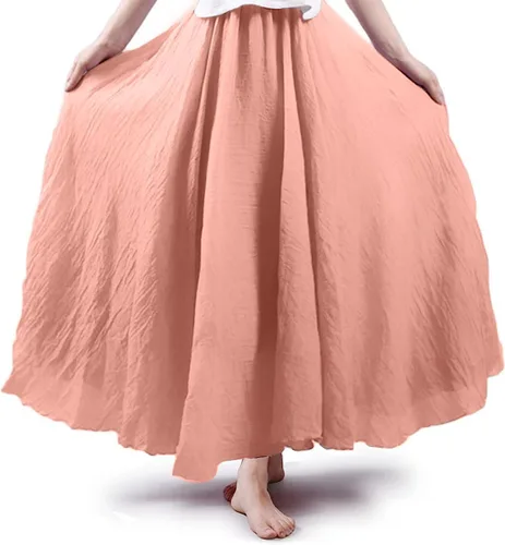 Vista 9 de ASHER FASHION Falda larga estilo bohemio con cintura elástica de algodón y lino para mujer Beige