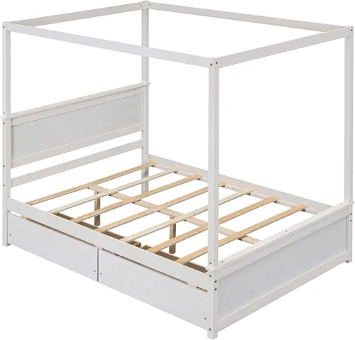 Vista 5 de Cama de plataforma de tamaño matrimonial, cama con dosel de madera con 2 cajones, cama de plataforma con dosel de tamaño matrimonial con listones