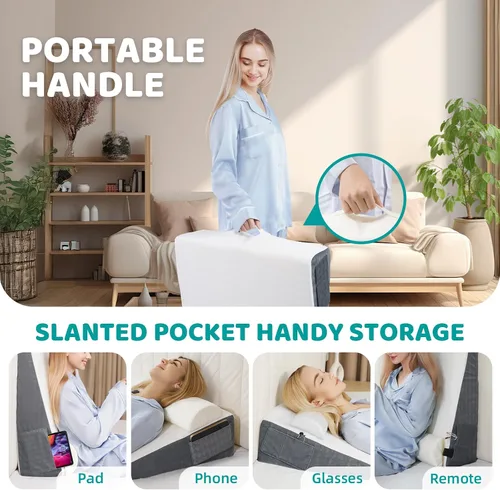 Vista 4 de Almohada de cuña de cama para apnea del sueño, almohada triangular de cuña de 22 x 22 x 7 pulgadas con almohada para el cuello para dormir
