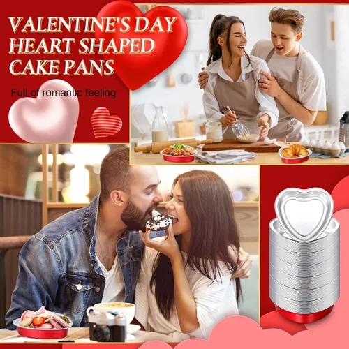 Vista 5 de Yinkin Juego de 50 moldes de aluminio con forma de corazón de 9 onzas con tapa, moldes desechables de papel de aluminio para cupcakes, moldes
