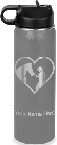 Vista 19 de LaserGram Botella de agua personalizada, corazón de vaquera de caballo, acero inoxidable de doble pared aislada al vacío con popote superior, regalo