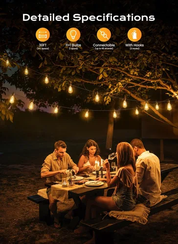 Vista 2 de Brightown Luces de Cadena para Exteriores, 30 pies, 11+1 LED ST38, Luces LED para Patio Irrompibles, Regulables IP65 Impermeables Conectables, Luz