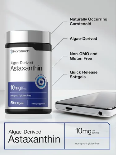 Vista 4 de Horbäach Astaxantina Suplementos 10mg 60 cápsulas blandas Fórmula derivada de algas Sin OMG, sin gluten