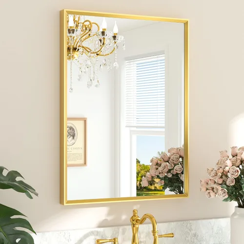 Vista 24 de TETOTE Espejo de baño dorado cepillado de 20" x 30", espejo de tocador de baño rectangular de latón dorado cepillado con marco biselado para sobre