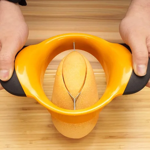 Vista 6 de Cortador de mango con cuchilla de acero inoxidable, divisor de frutas, mango ergonómico de agarre de goma, antideslizante, extra grande, divisor