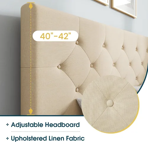 Vista 43 de WEEWAY Base de cama de plataforma tamaño King con 4 cajones de almacenamiento, cabecera capitonada con botones de costura de diamante, base de Negro