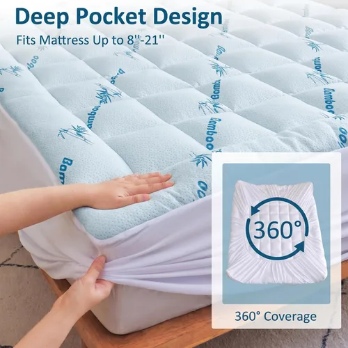 Vista 4 de Cubrecolchón refrescante King – Protector de colchón extra suave, viscosa transpirable hecha de bambú para aliviar el dolor de espalda, funda