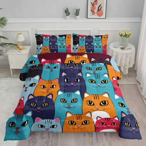 Vista 13 de Axolotl - Juego de ropa de cama para niños con diseño de gatos de dibujos animados tamaño individual, juego de edredón con líneas degradadas y lindo