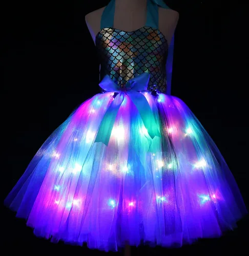 Vista 3 de Viyorshop Girls Mermaid Costume LED Light Up Mermaid Tutu Dress Up Gifts Princess Dress for Halloween Birthday Gift 3-8Years