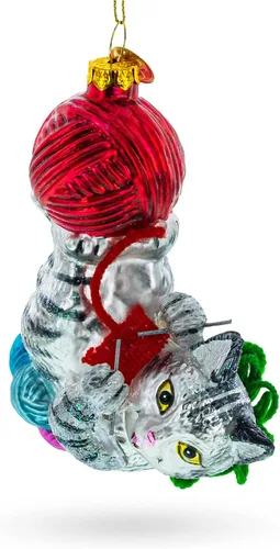 Vista 3 de Gatito enredado en bolas de hilo de cristal adorno de Navidad
