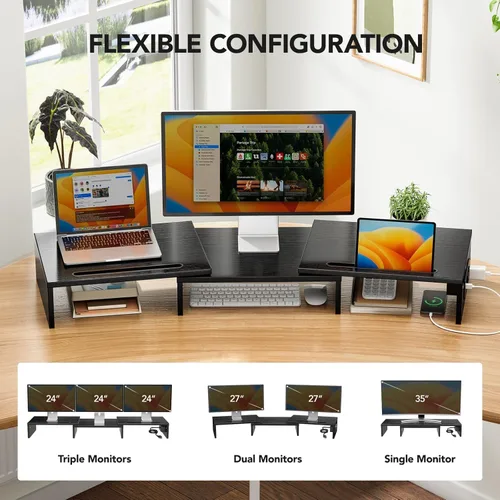 Vista 4 de HUANUO Soporte para monitor dual - Soporte de monitor con puertos USB, longitud y ángulo ajustables, elevador de monitor dual con toma