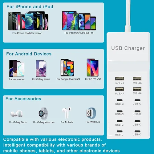 Vista 5 de Cargador USB, estación de carga USB de 12 puertos (4 puertos USB-A y 8 puertos USB-C) Estación de carga USB múltiple compatible con iPhone