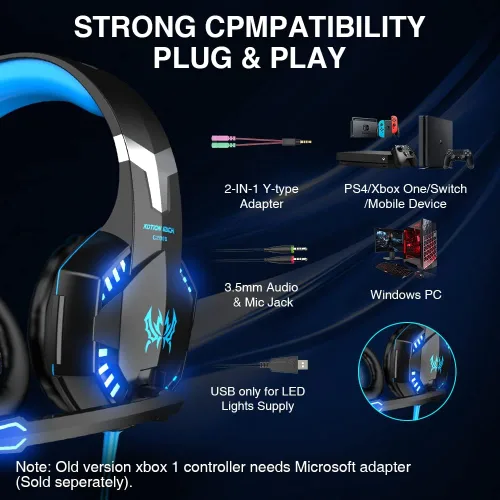 Vista 2 de VersionTECH. G2000 - Auriculares para juegos con micrófono con cancelación de ruido, luces LED, orejeras de memoria suave para PS5PS4Xbox