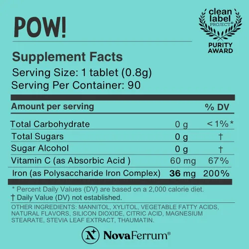 Vista 3 de NovaFerrum Pow Suplemento de hierro masticable para niños y adultos a partir de 12 años Anemia 36 mg de hierro 90 porciones Sin azúcar