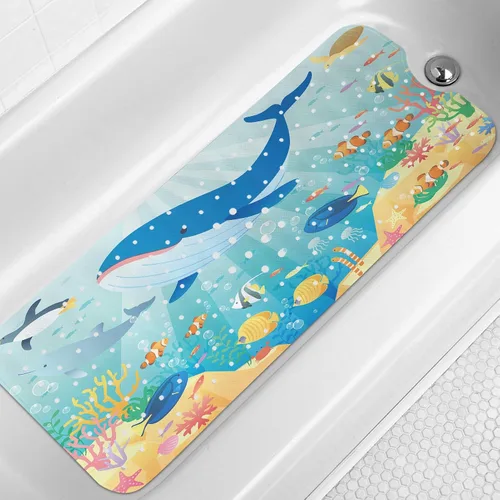 Vista 9 de LNOND Alfombra de baño para niños, alfombrilla de baño con diseño de tiburones marinos, alfombrillas de baño antideslizantes para niños