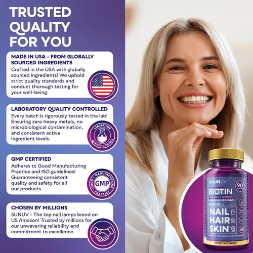 Vista 6 de SUNUV Biotina 10,000 mcg Colágeno Queratina - 80,000 mcg Vitaminas para el Crecimiento del Cabello para Mujeres y Hombres, Apoyo para la Piel