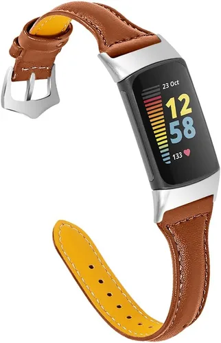 Vista 14 de Leather Strap Compatible with Fitbit Charge 6/Charge 5 Strap, Women Men Genuine Leather Sport Band Replacement Watch Wristband Bracelet for Charge 6