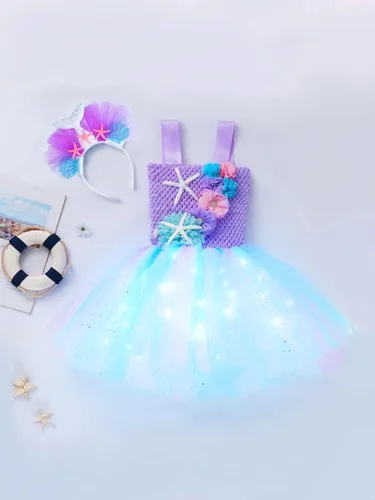 Vista 3 de MSemis Disfraz de sirena para niñas pequeñas, tutú con luz LED, vestido de baile de princesaHalloween