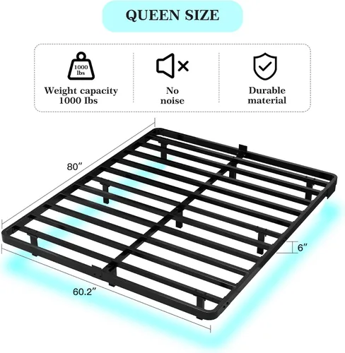 Vista 2 de Base de cama flotante con luces LED y estación de carga - Base de cama moderna de plataforma metálica con juntas de colchón - Libre de ruido,
