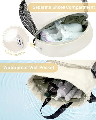 Vista 2 de Mochila de gimnasio con cordón y compartimento para zapatos para hombres y mujeres, bolsa deportiva con bolsillo para ropa húmeda, Beige, Mediana
